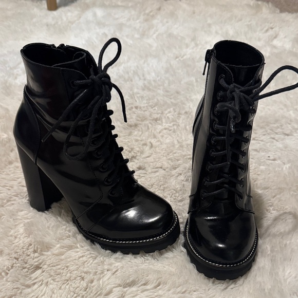 Black Lace-Up Women's Boots shiny black legion Jeffrey Campbell 7 heeled tall - Picture 10 of 13